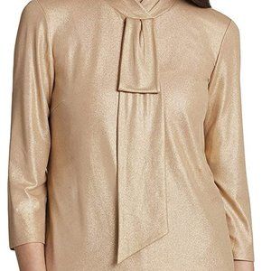Tahari Arthur S. Levine ASL Women's Long Sleeve Faux Neck Tie Top Gold XL